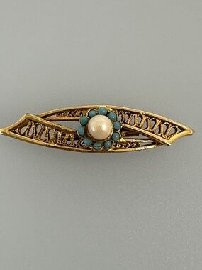 Vintage Gold and Turquoise Pearl Floral Bar Brooch - Vintage